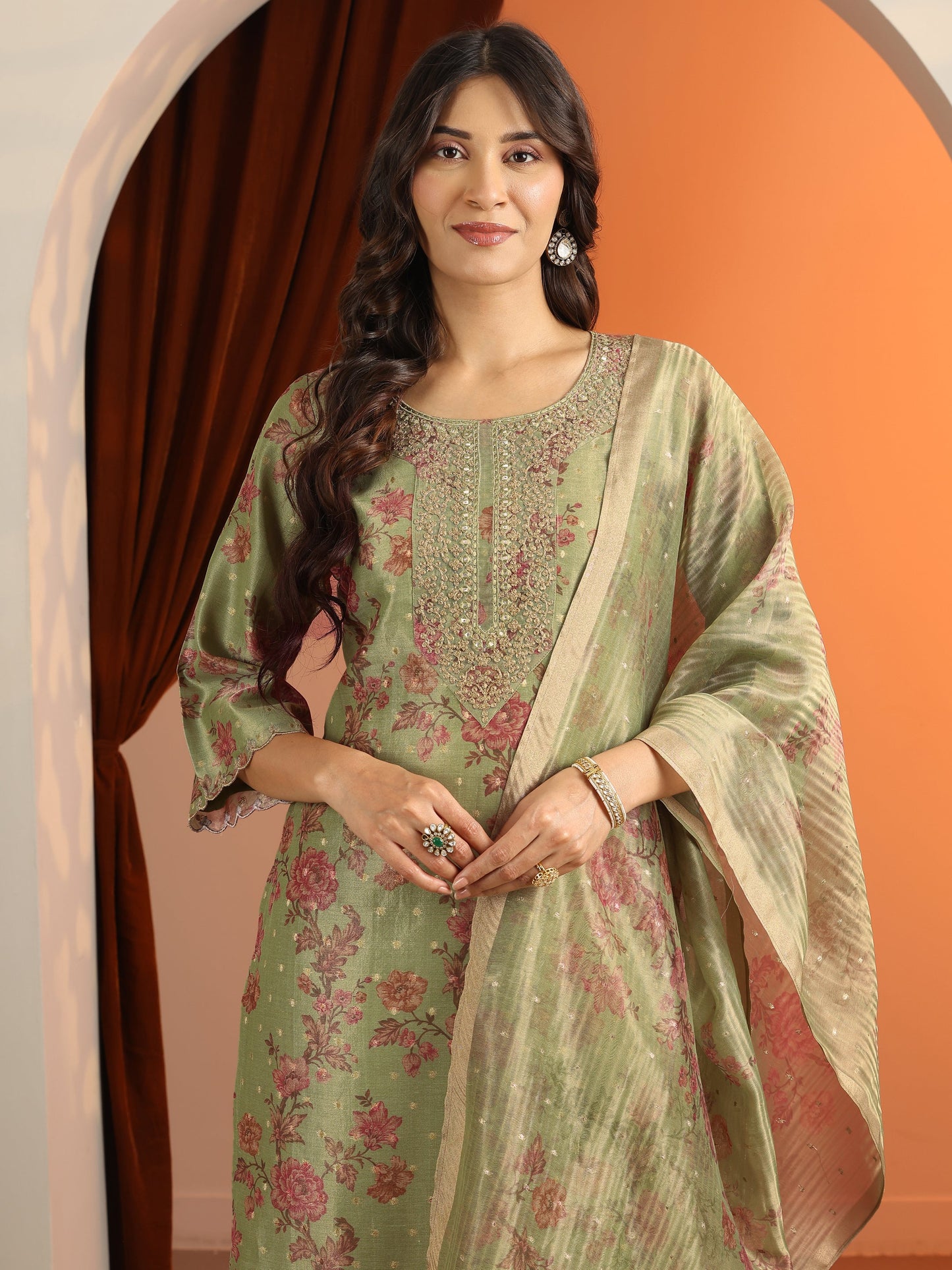 Libas Green Printed Silk Blend Straight Suit Set With Dupatta