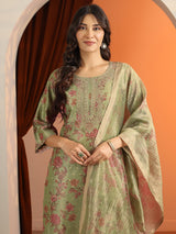 Libas Green Printed Silk Blend Straight Suit Set With Dupatta