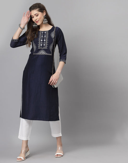 Navy Blue Embroidered Kurti