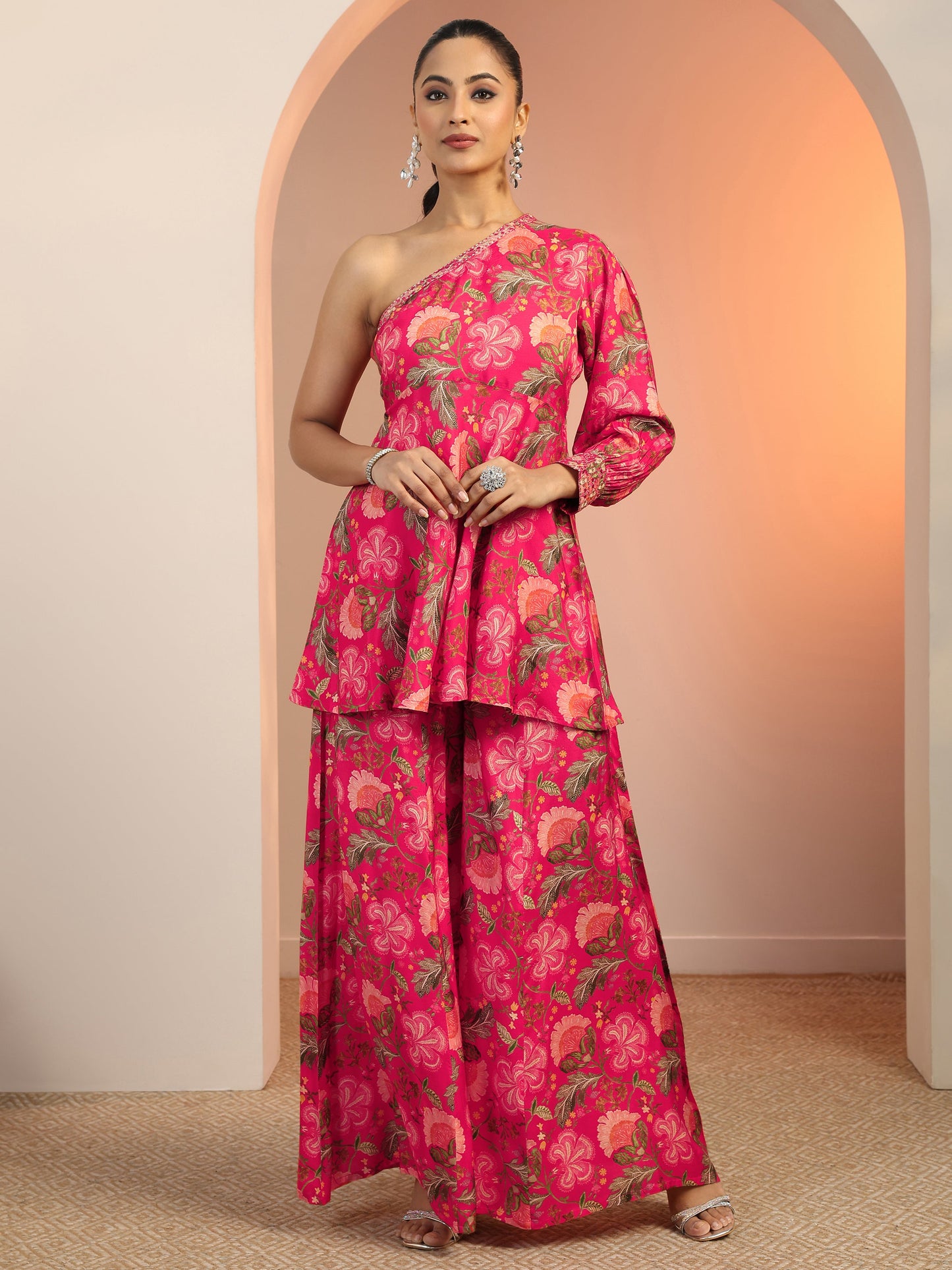 Libas Pink Printed Silk Blend Co-Ord Sets