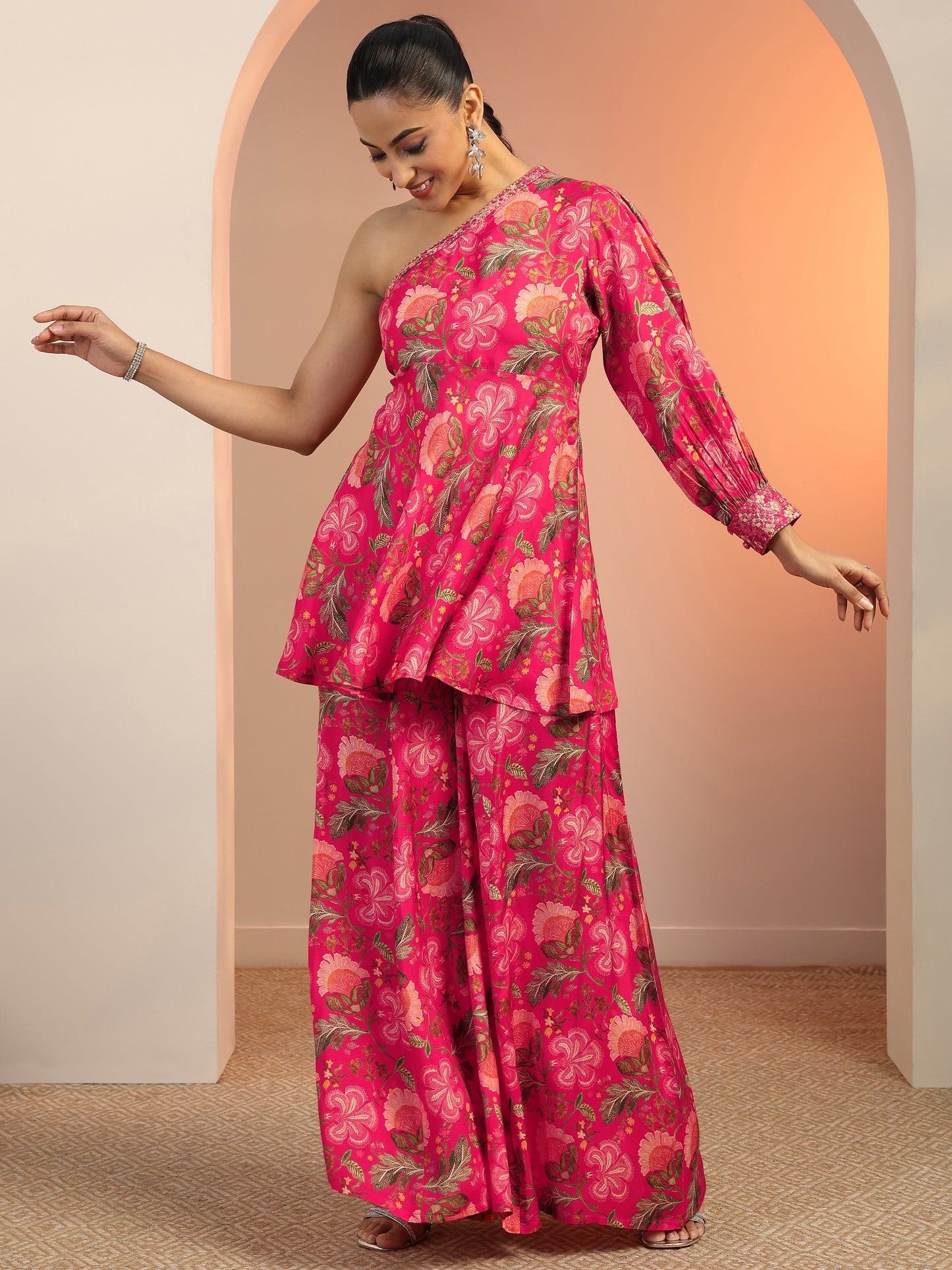 Libas Pink Printed Silk Blend Co-Ord Sets