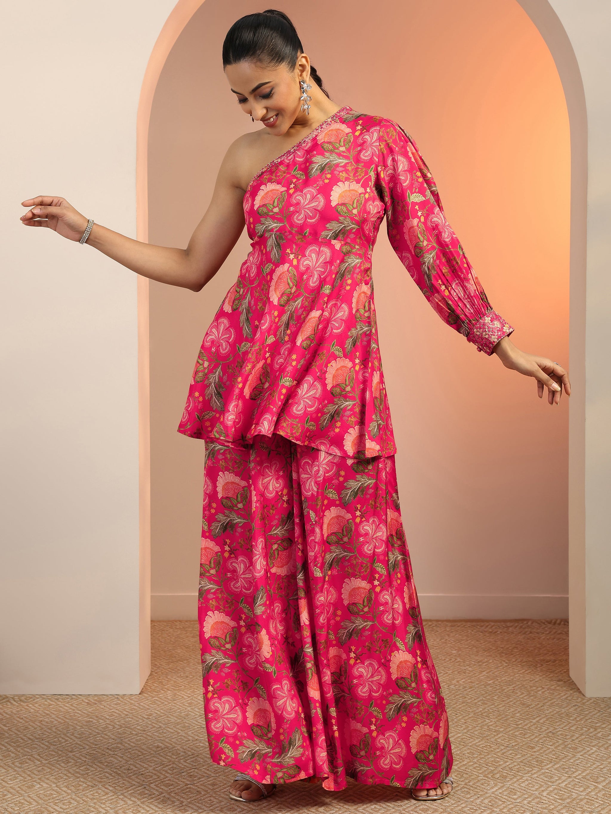 Libas Pink Printed Silk Blend Co-Ord Sets