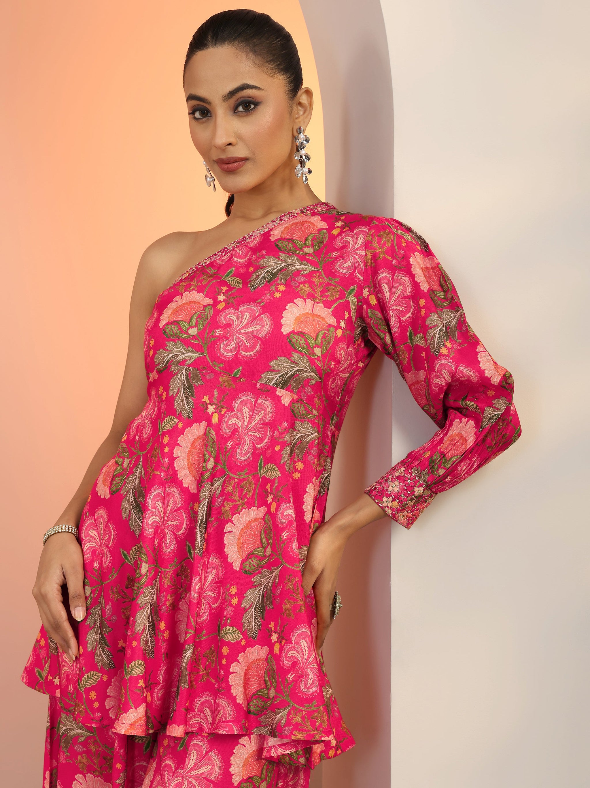 Libas Pink Printed Silk Blend Co-Ord Sets