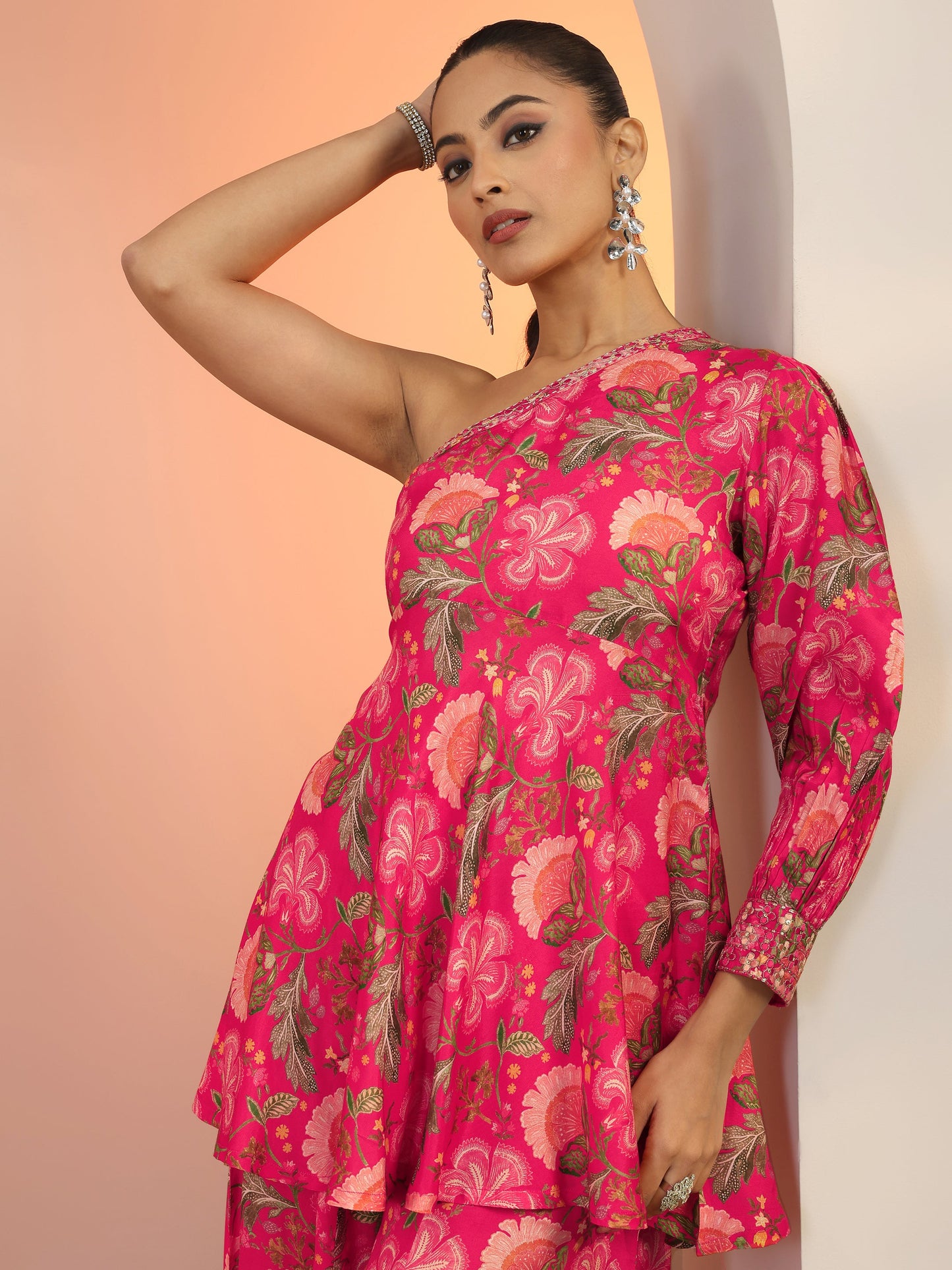 Libas Pink Printed Silk Blend Co-Ord Sets
