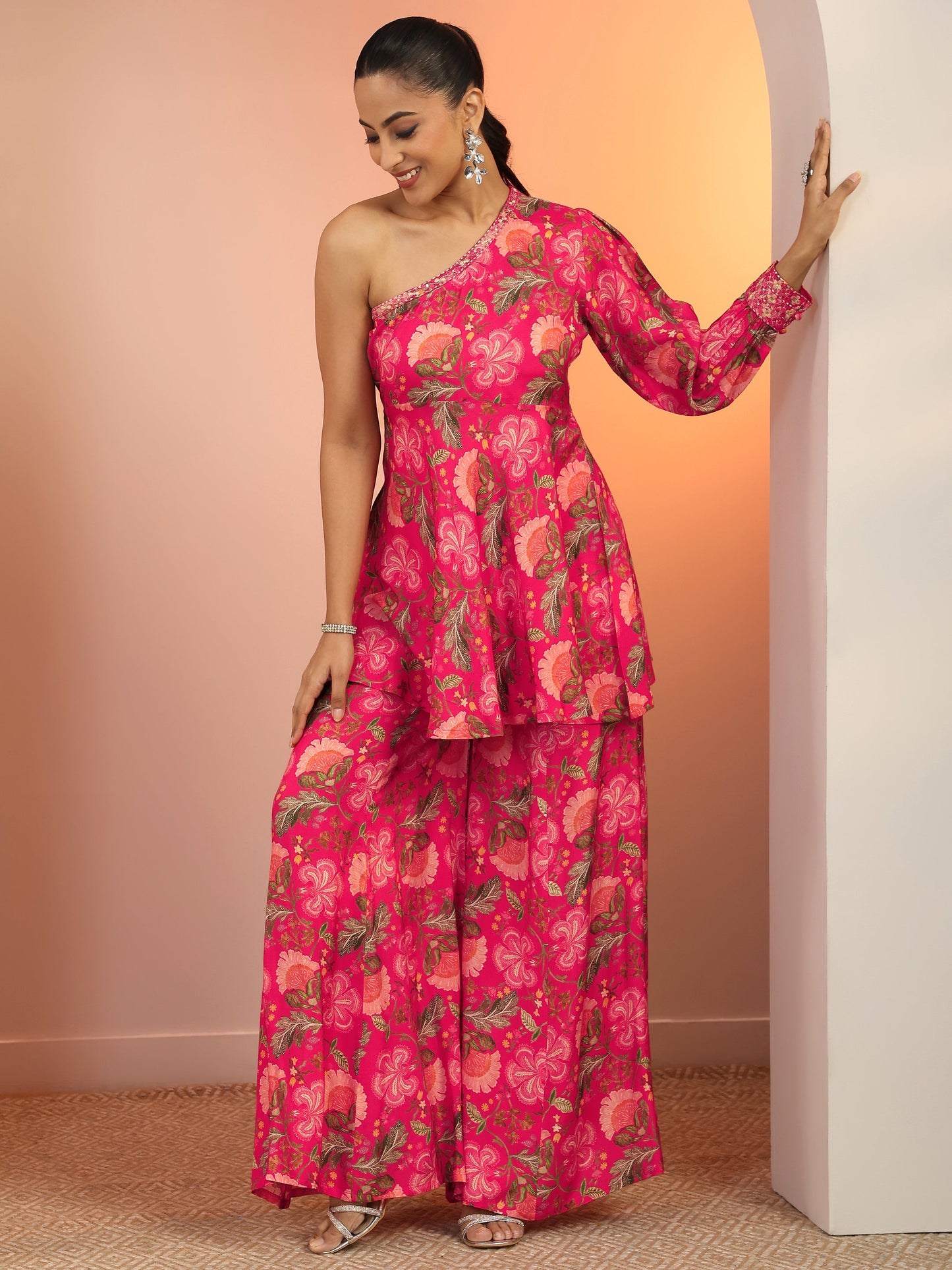 Libas Pink Printed Silk Blend Co-Ord Sets
