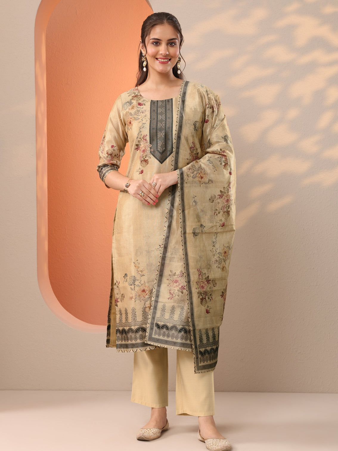 Mameraa Beige Printed Silk Blend Straight Suit Set With Dupatta