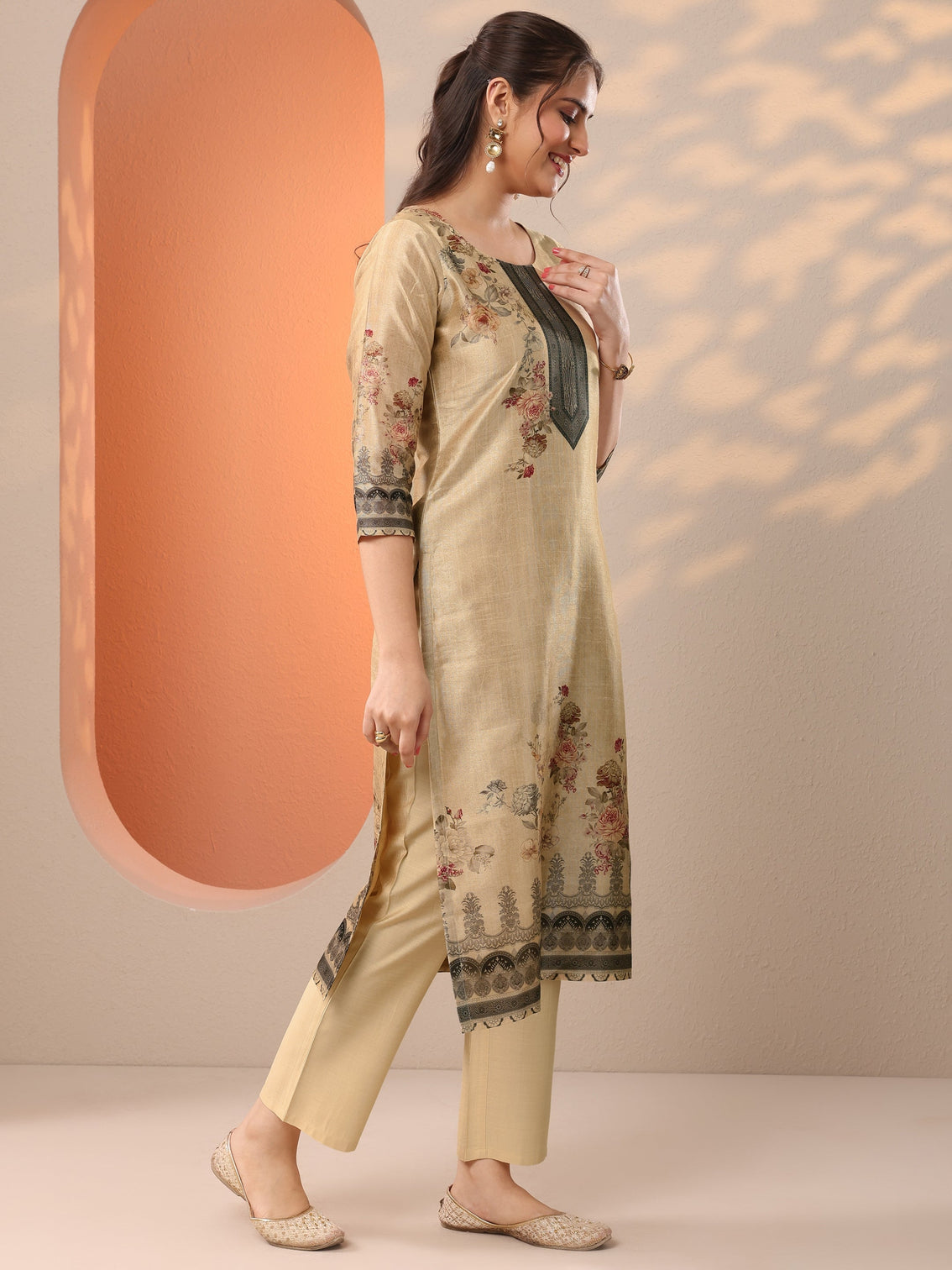 Mameraa Beige Printed Silk Blend Straight Suit Set With Dupatta