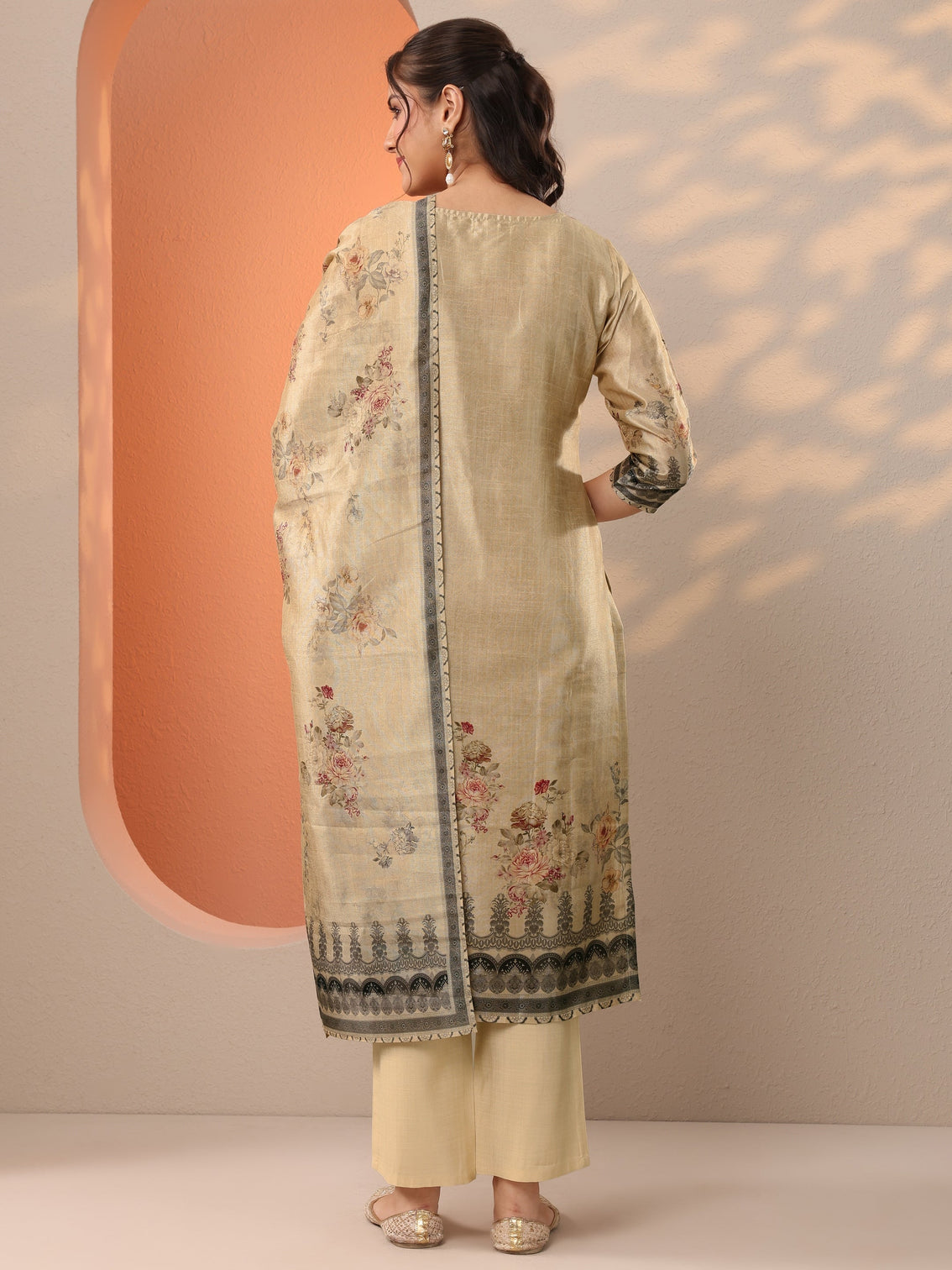 Mameraa Beige Printed Silk Blend Straight Suit Set With Dupatta