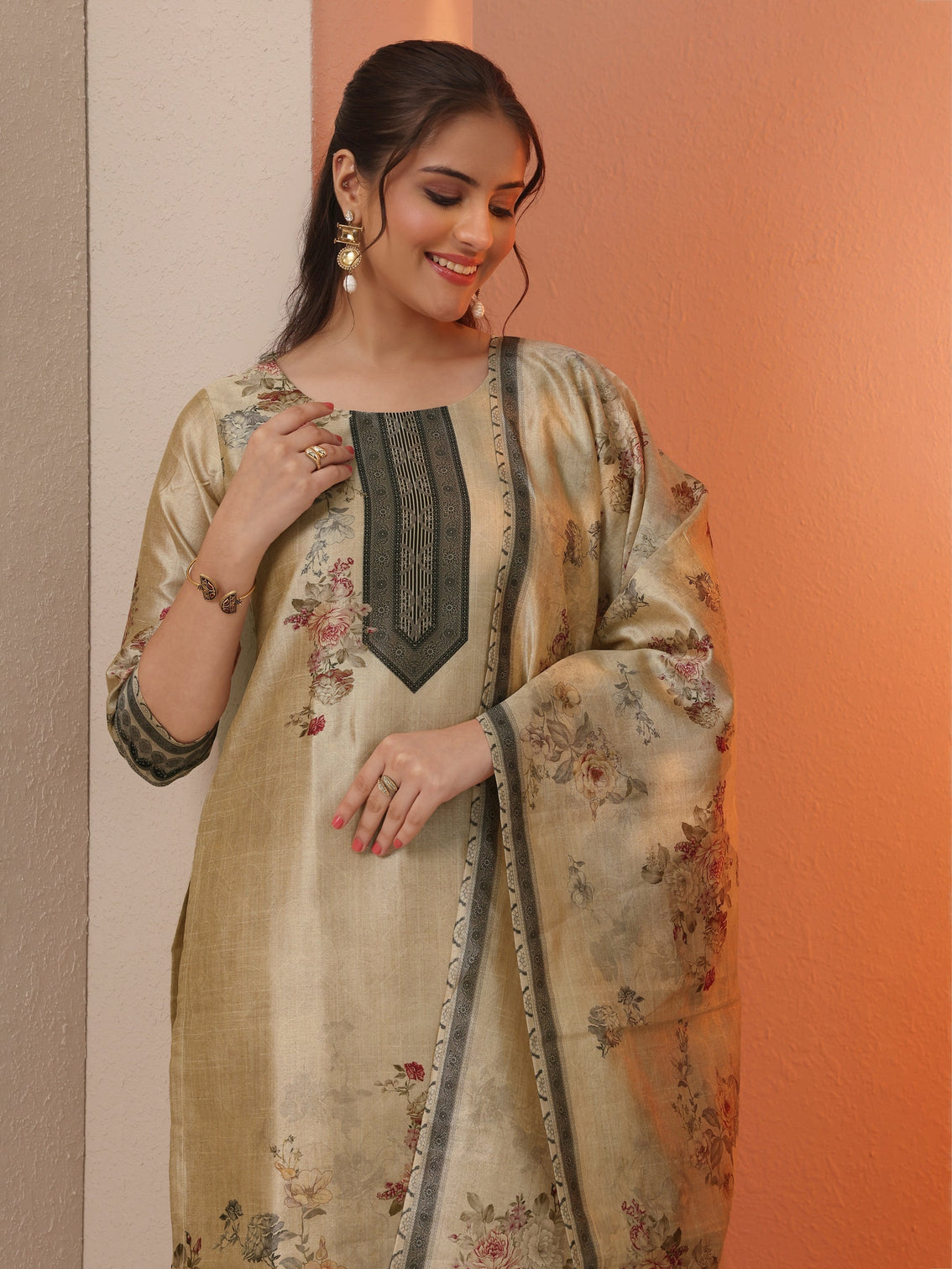 Mameraa Beige Printed Silk Blend Straight Suit Set With Dupatta