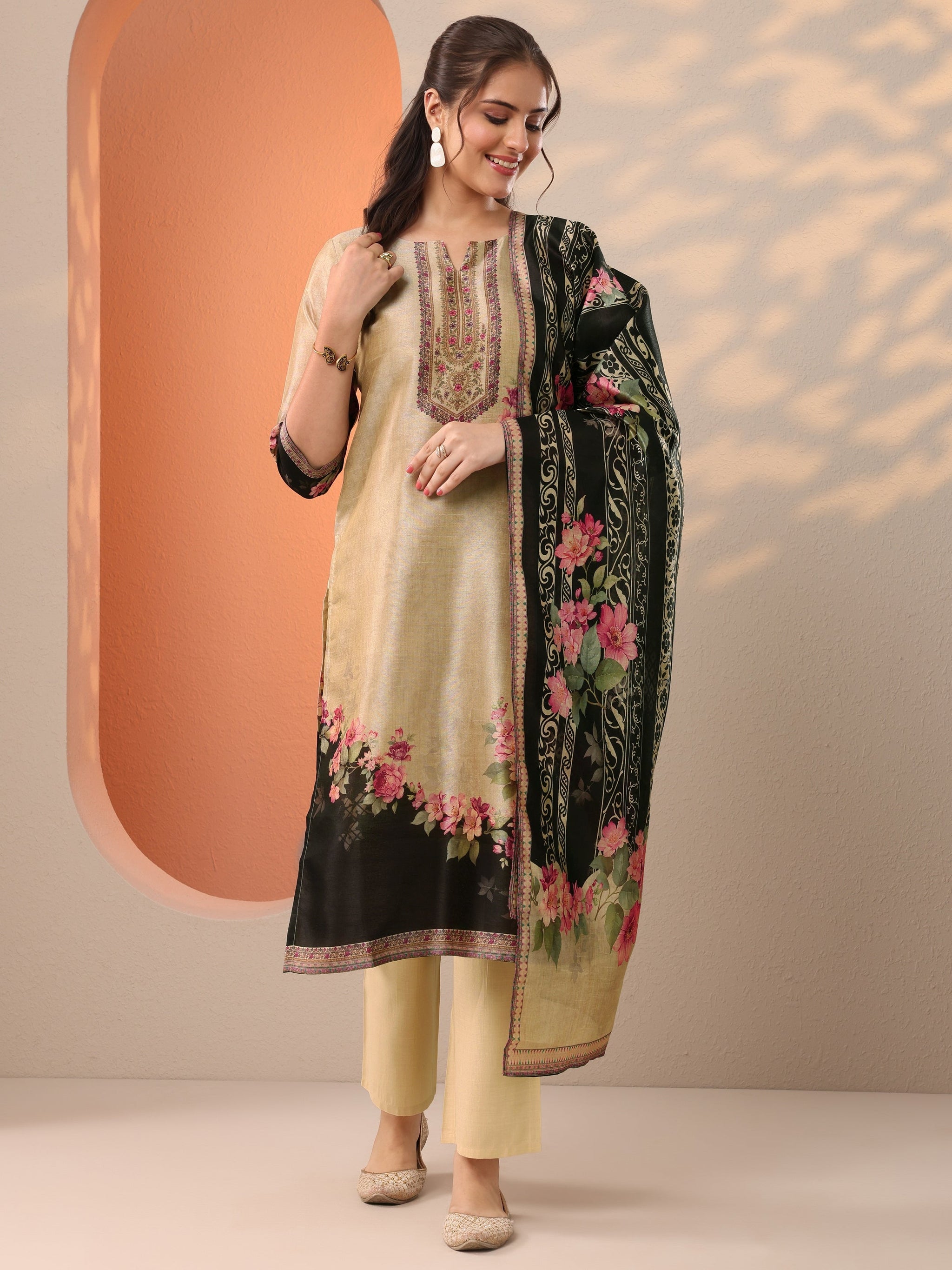 Libas Beige Printed Silk Blend Straight Suit Set With Dupatta