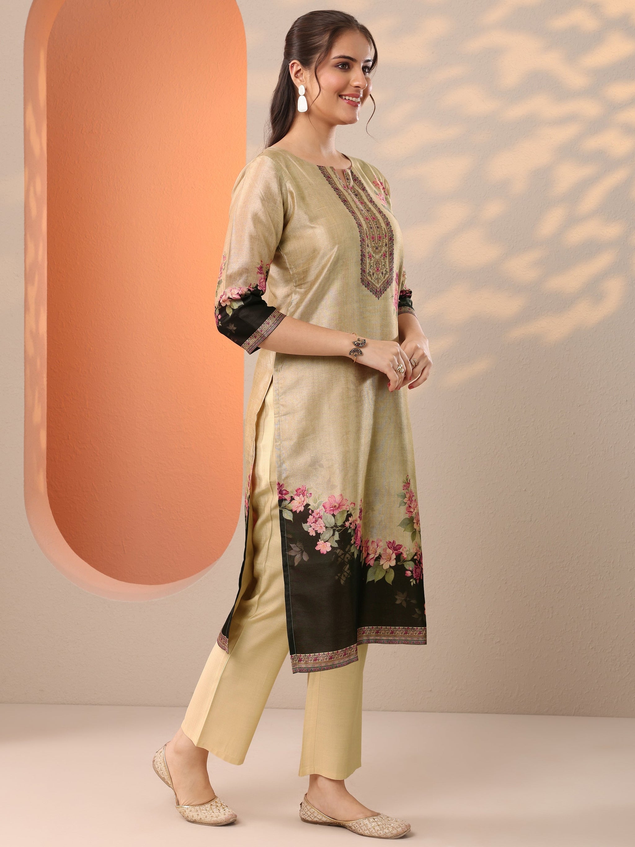 Libas Beige Printed Silk Blend Straight Suit Set With Dupatta