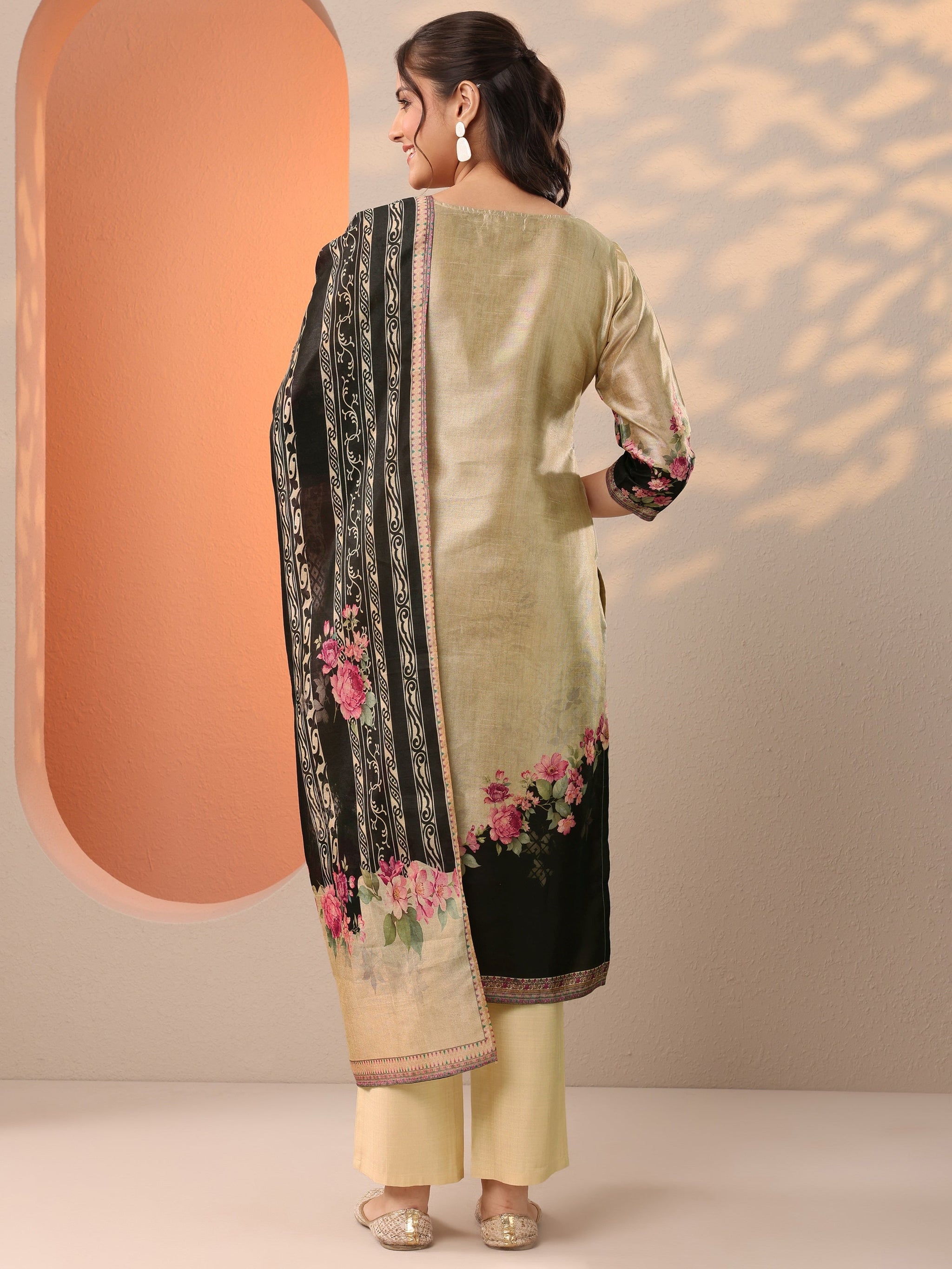 Libas Beige Printed Silk Blend Straight Suit Set With Dupatta
