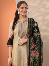 Libas Beige Printed Silk Blend Straight Suit Set With Dupatta