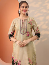 Libas Beige Printed Silk Blend Straight Suit Set With Dupatta