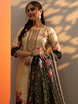 Libas Beige Printed Silk Blend Straight Suit Set With Dupatta