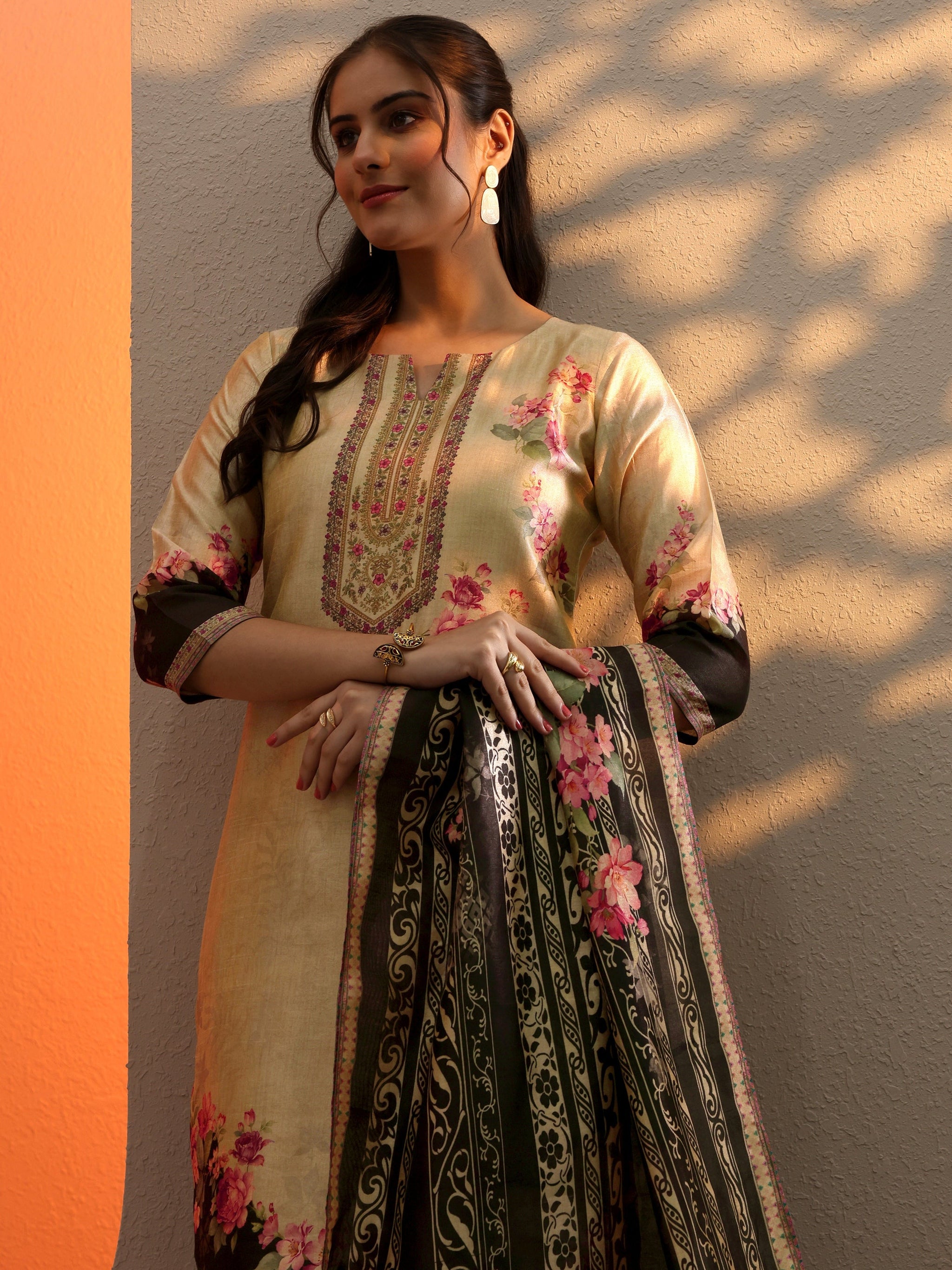 Libas Beige Printed Silk Blend Straight Suit Set With Dupatta