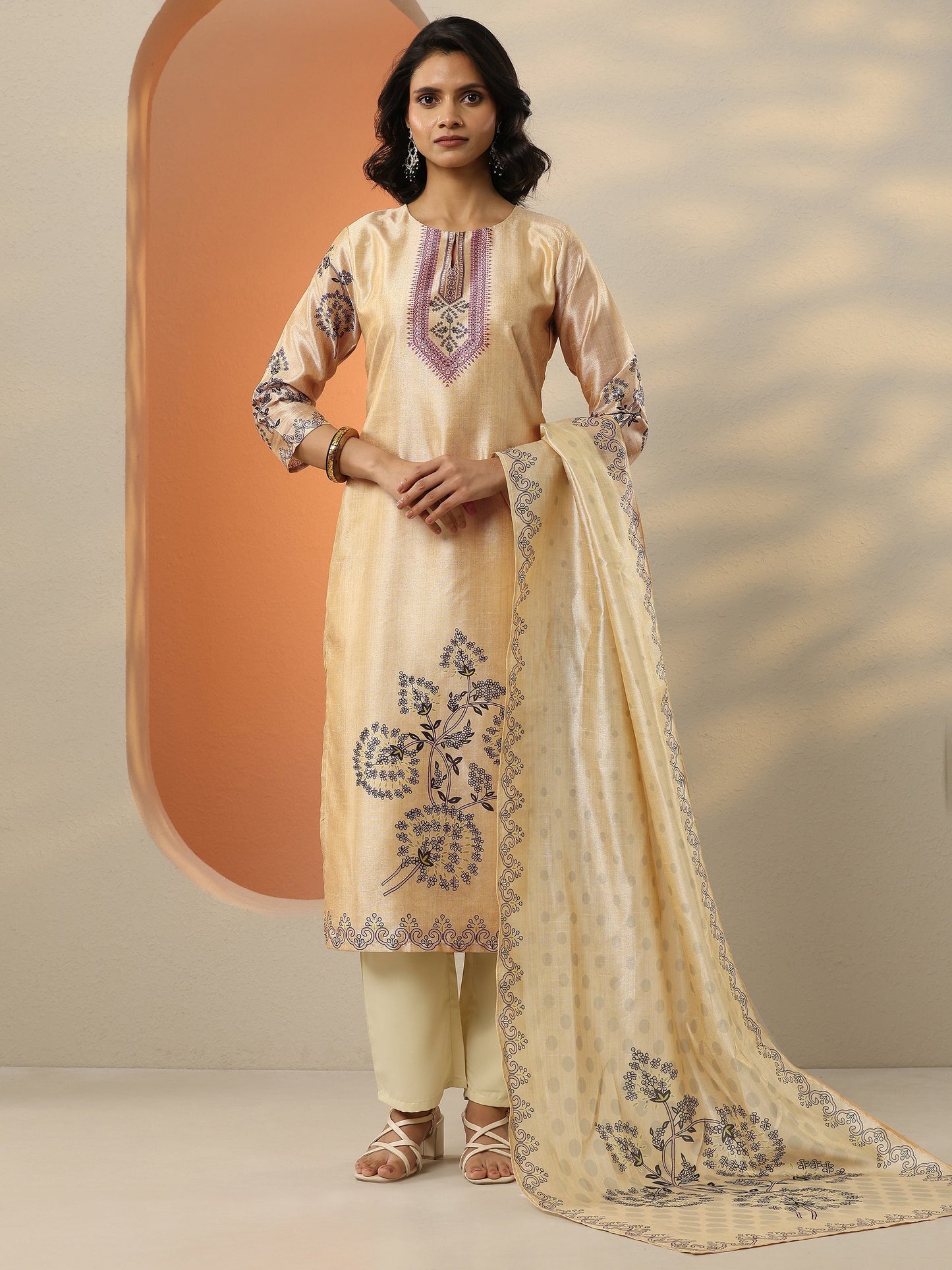 Gerua Beige Printed Silk Blend  Straight Suit Set With Dupatta