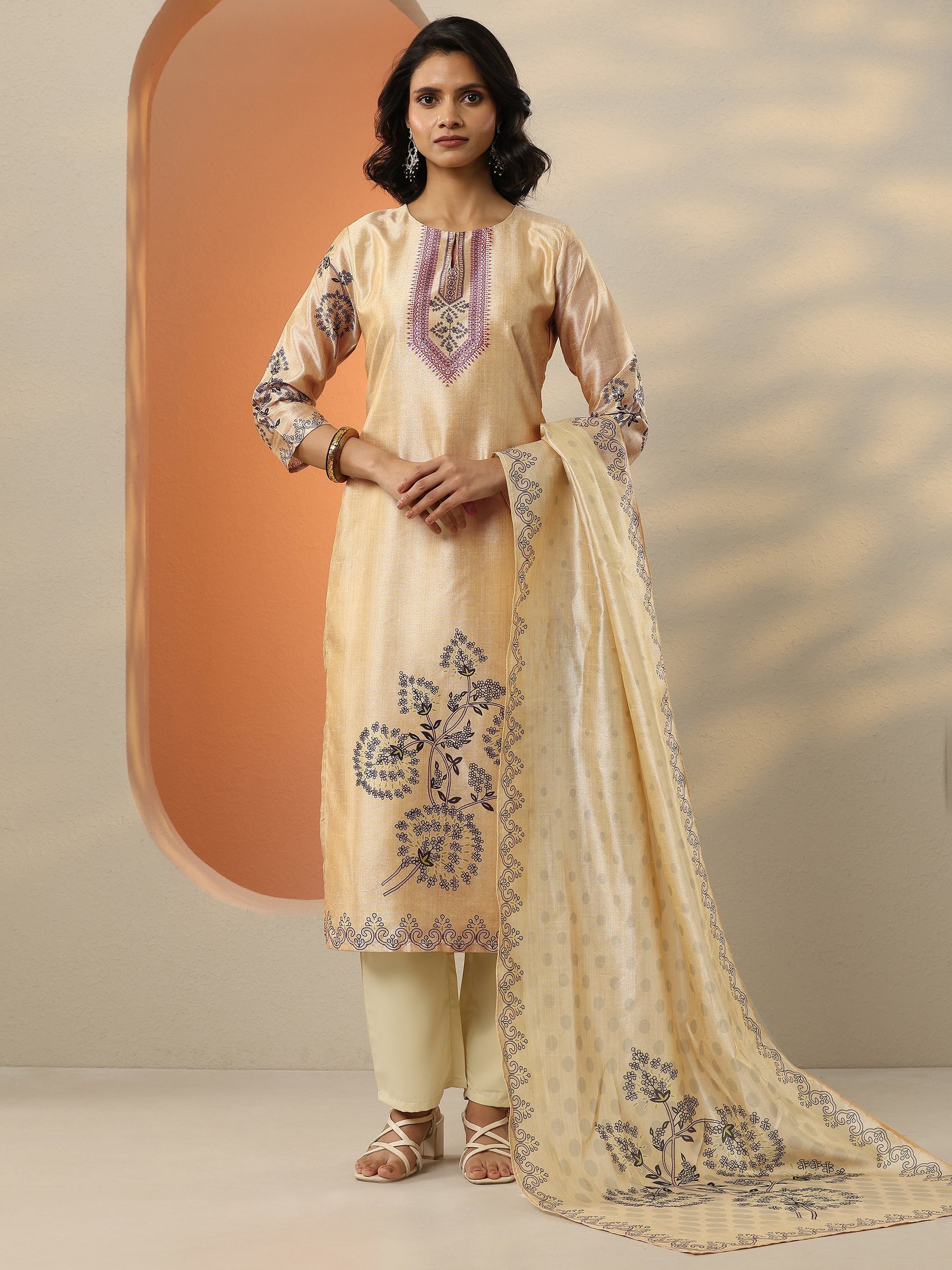 Gerua Beige Printed Silk Blend  Straight Suit Set With Dupatta