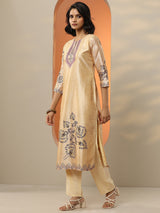 Gerua Beige Printed Silk Blend  Straight Suit Set With Dupatta
