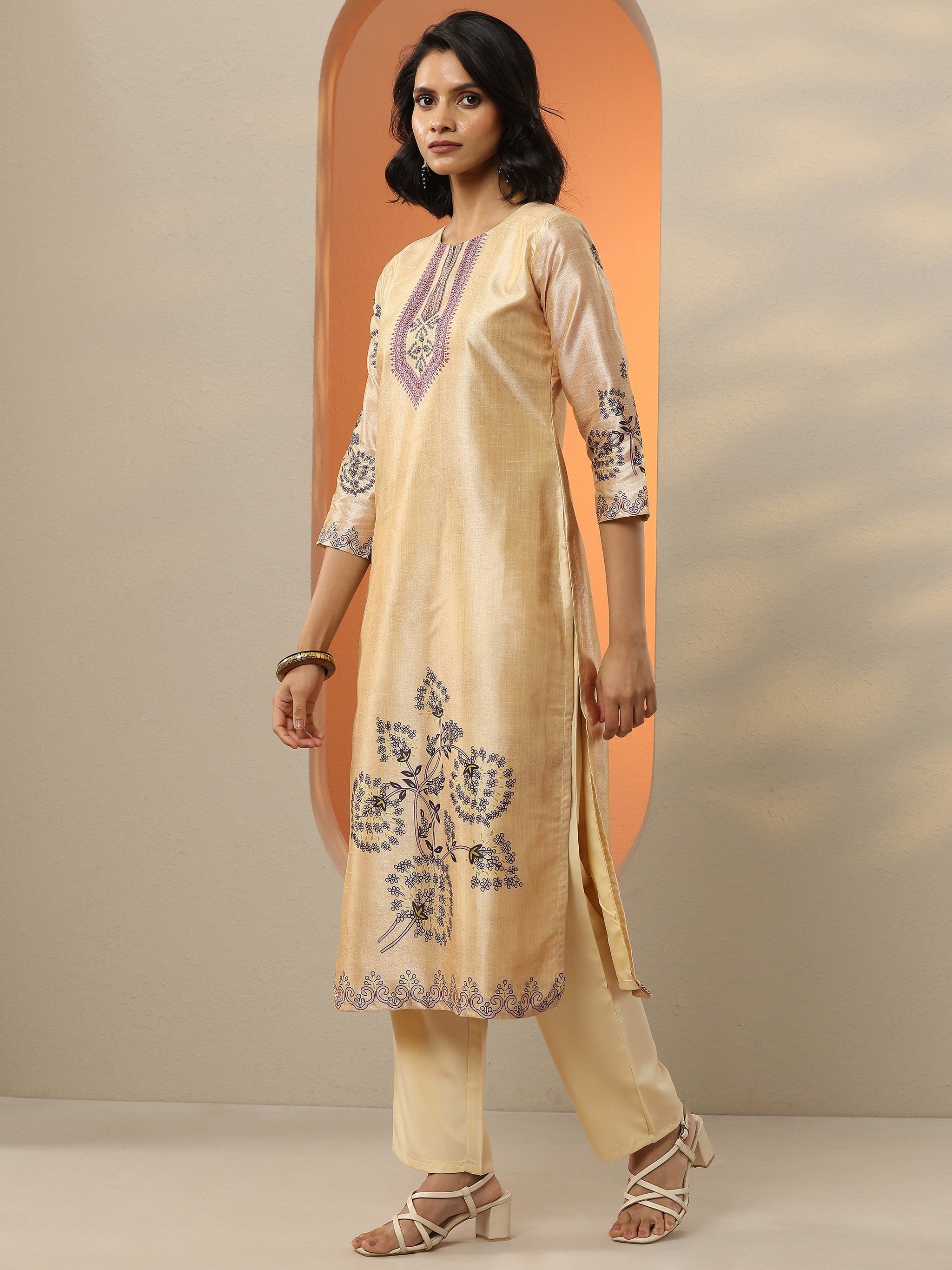 Gerua Beige Printed Silk Blend  Straight Suit Set With Dupatta