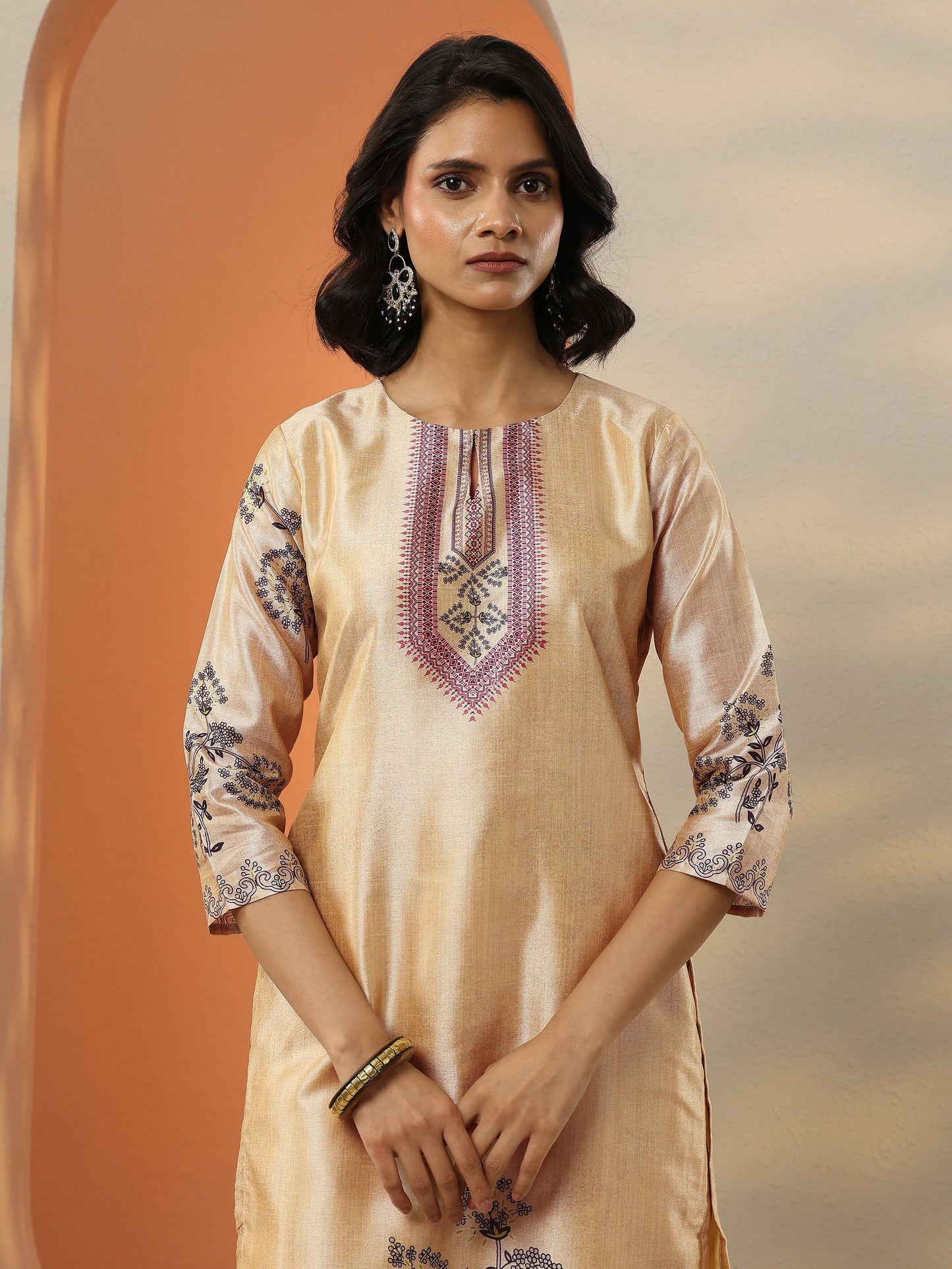 Gerua Beige Printed Silk Blend  Straight Suit Set With Dupatta