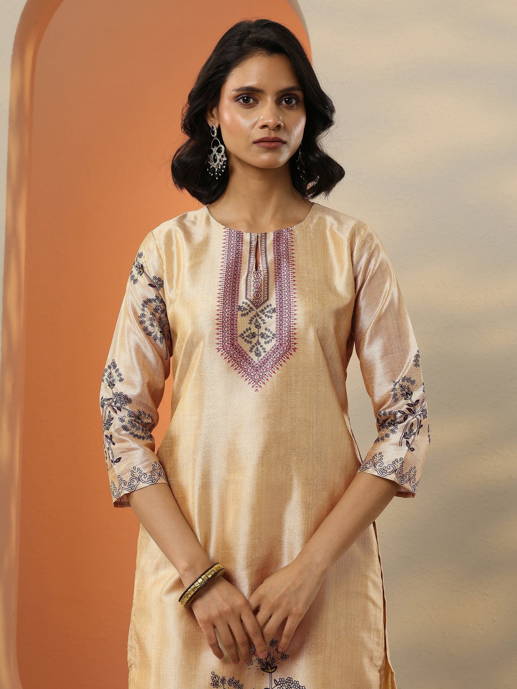 Gerua Beige Printed Silk Blend  Straight Suit Set With Dupatta