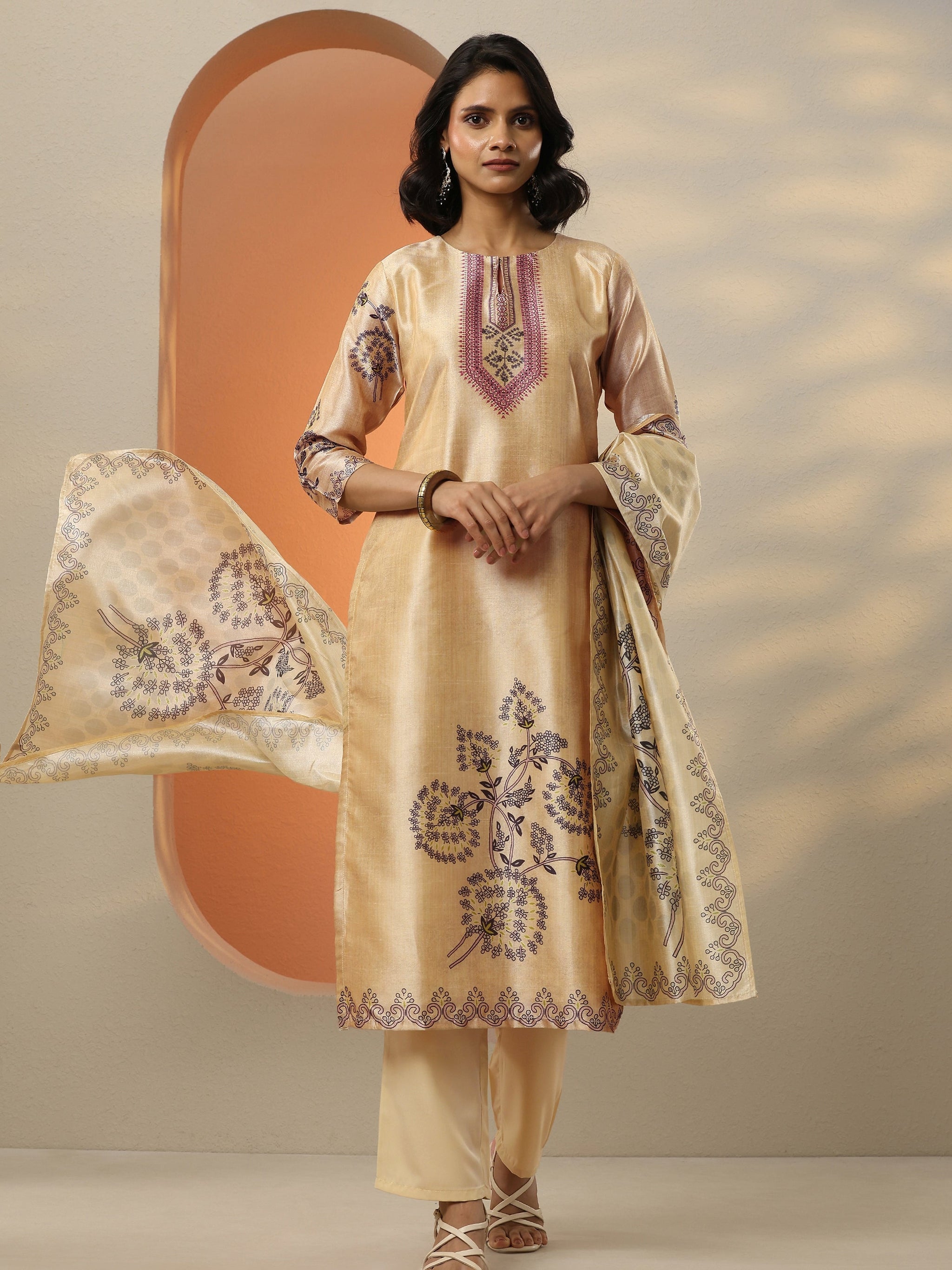 Gerua Beige Printed Silk Blend  Straight Suit Set With Dupatta