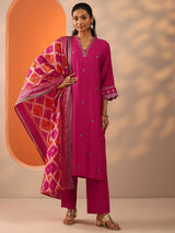 Libas Pink Embellished Silk Blend Straight Suit Set With Dupatta
