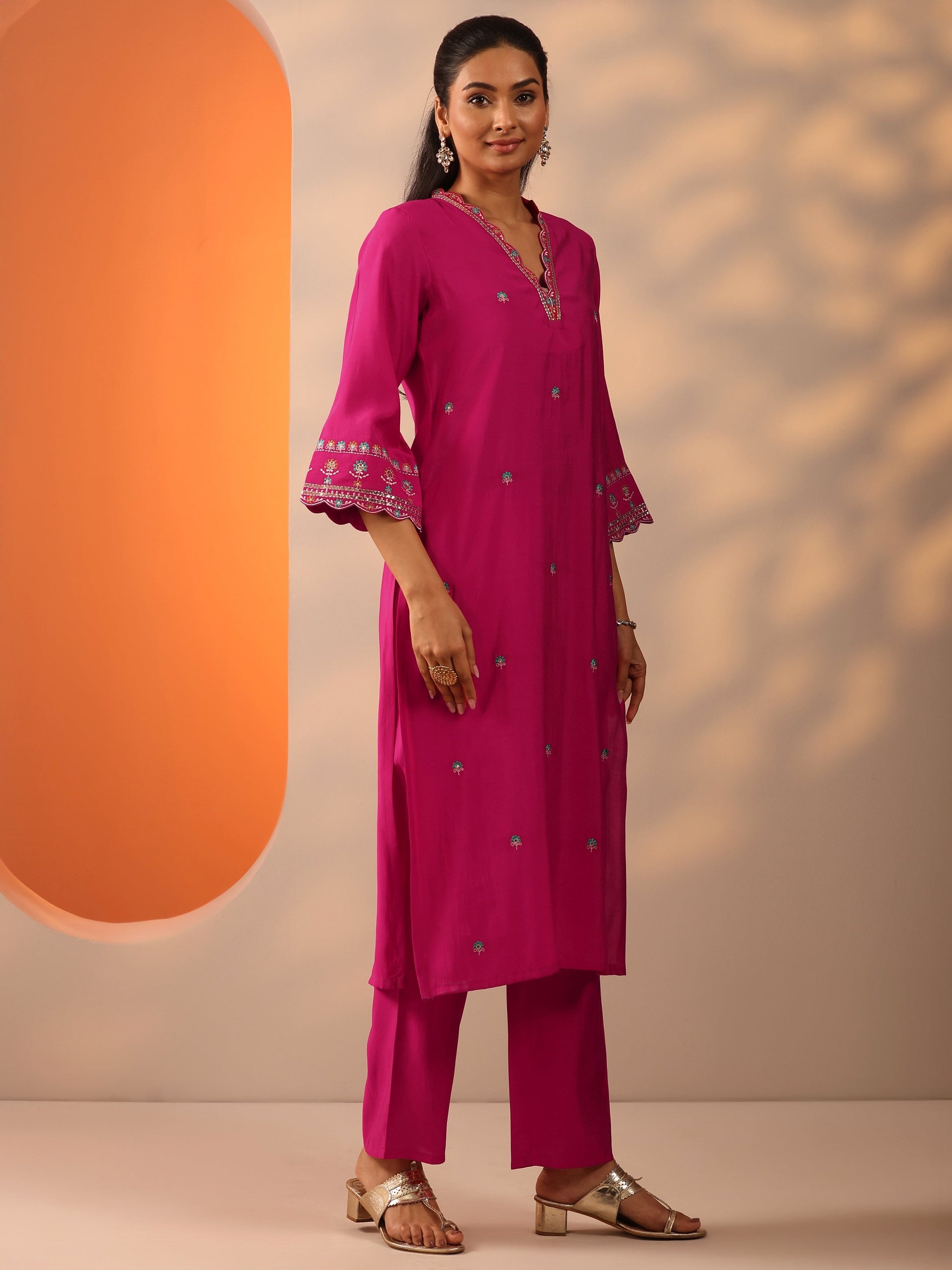 Libas Pink Embellished Silk Blend Straight Suit Set With Dupatta