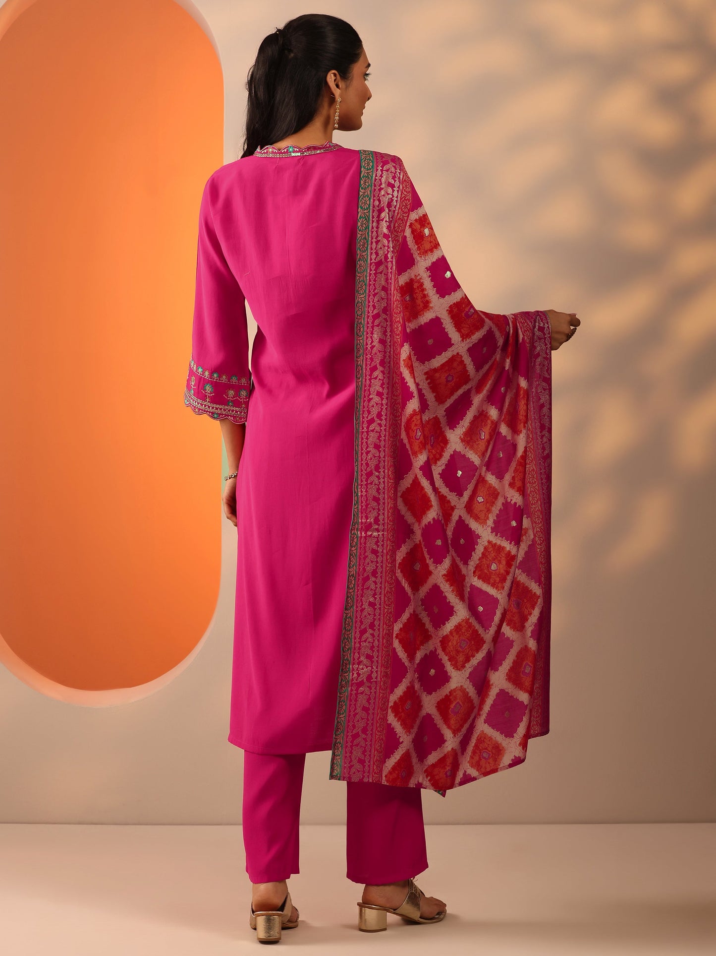 Libas Pink Embellished Silk Blend Straight Suit Set With Dupatta