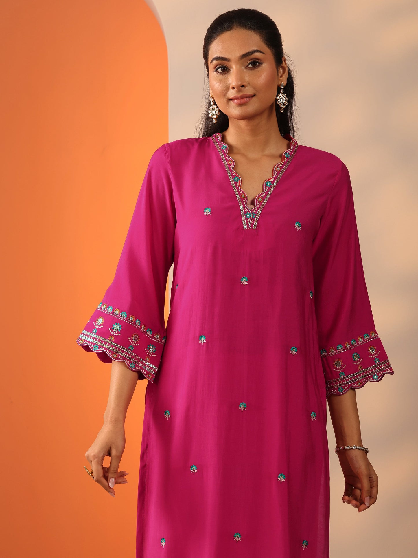 Libas Pink Embellished Silk Blend Straight Suit Set With Dupatta