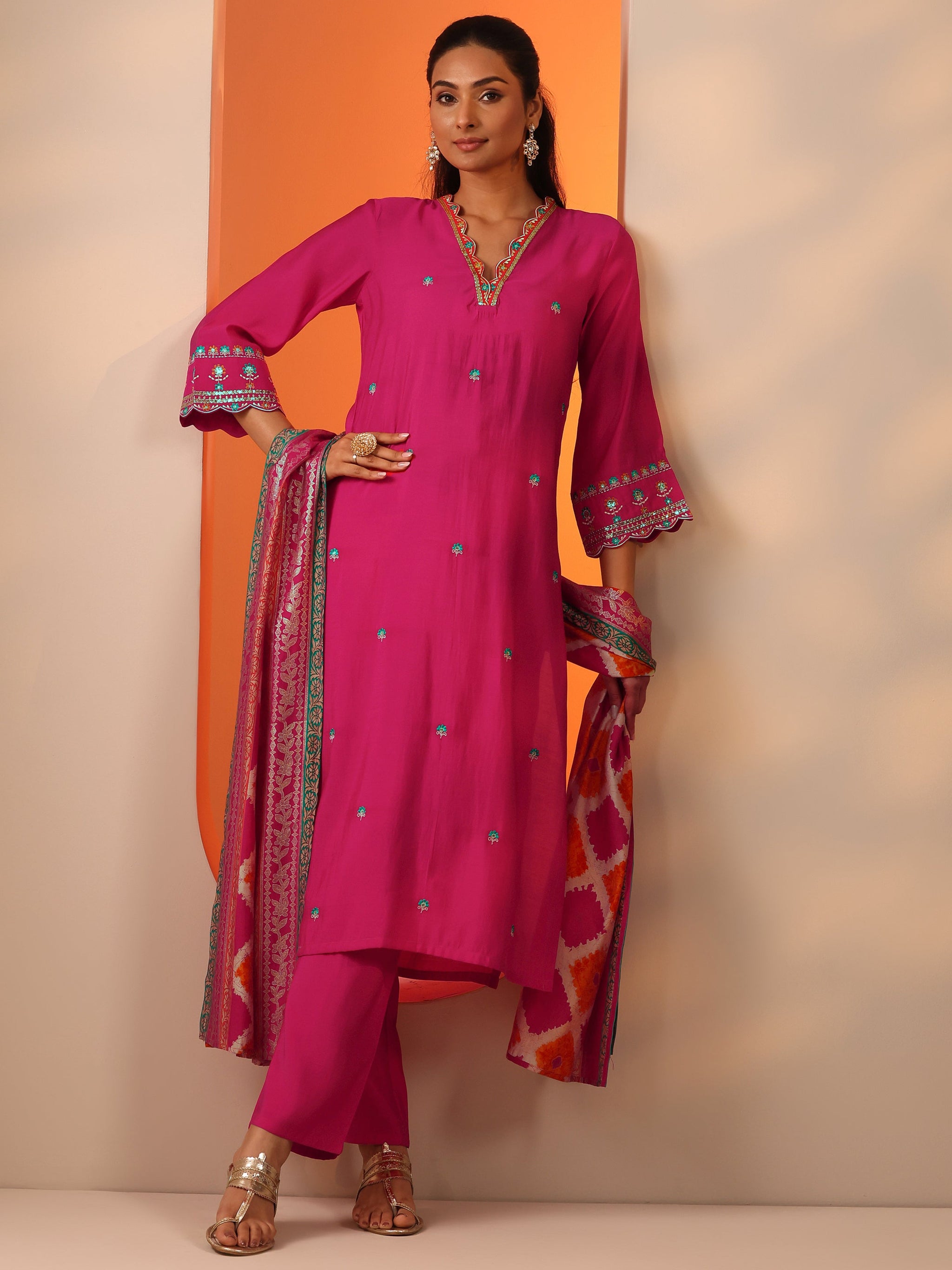 Libas Pink Embellished Silk Blend Straight Suit Set With Dupatta