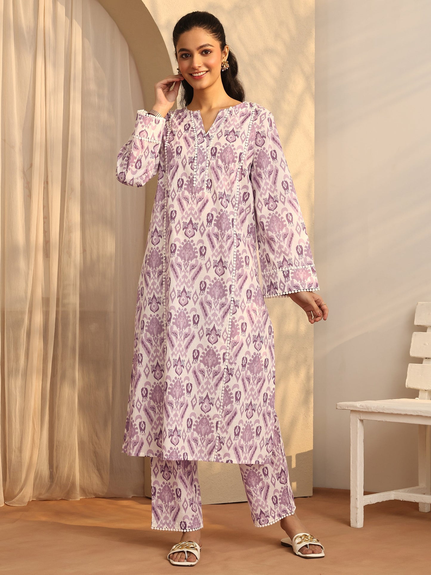 Libas Purple Printed Cotton A-Line Kurta Set