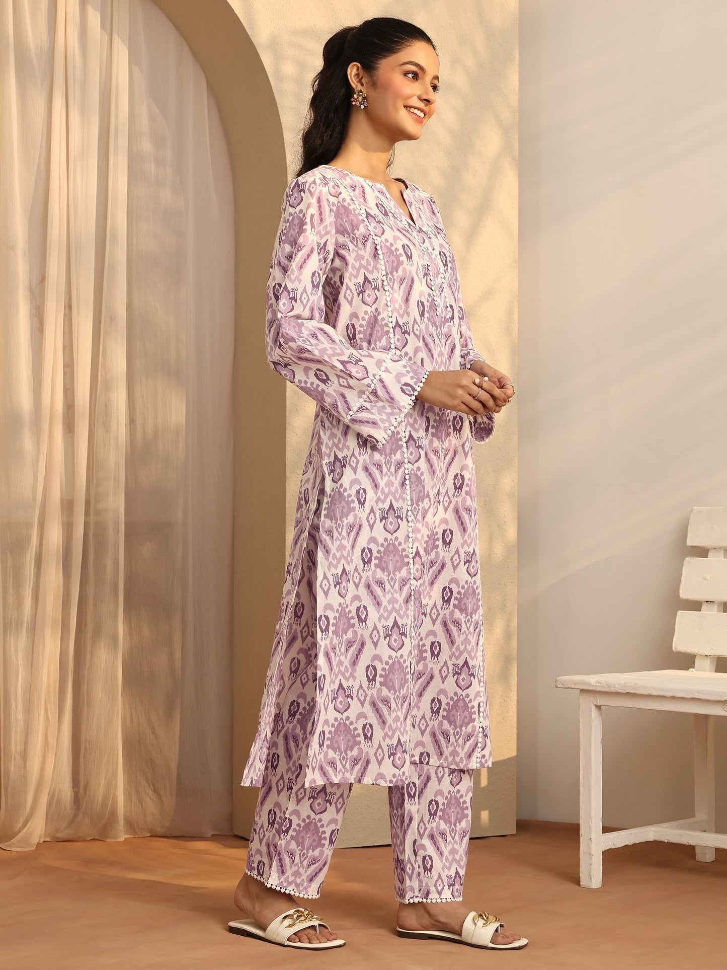 Libas Purple Printed Cotton A-Line Kurta Set