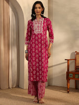 Libas Red Printed Cotton Straight Kurta Set