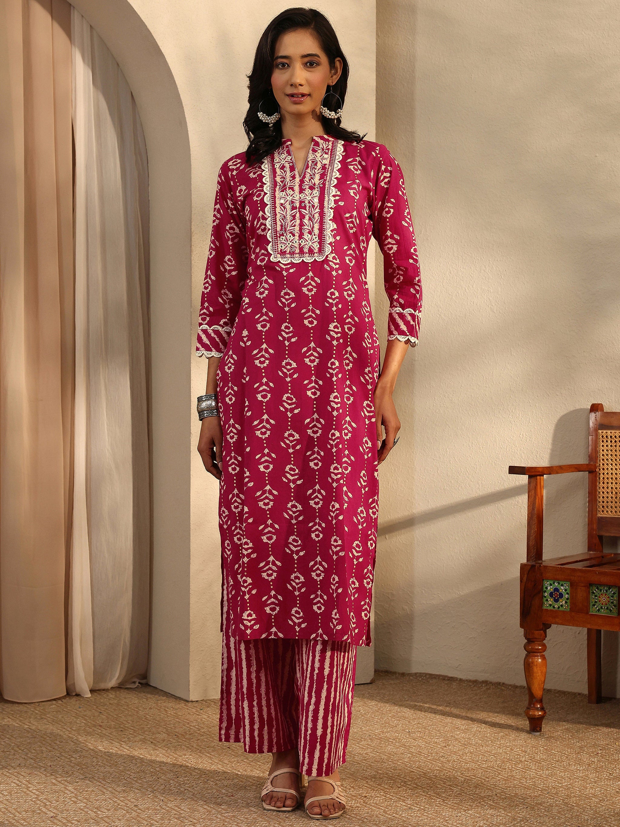 Libas Red Printed Cotton Straight Kurta Set