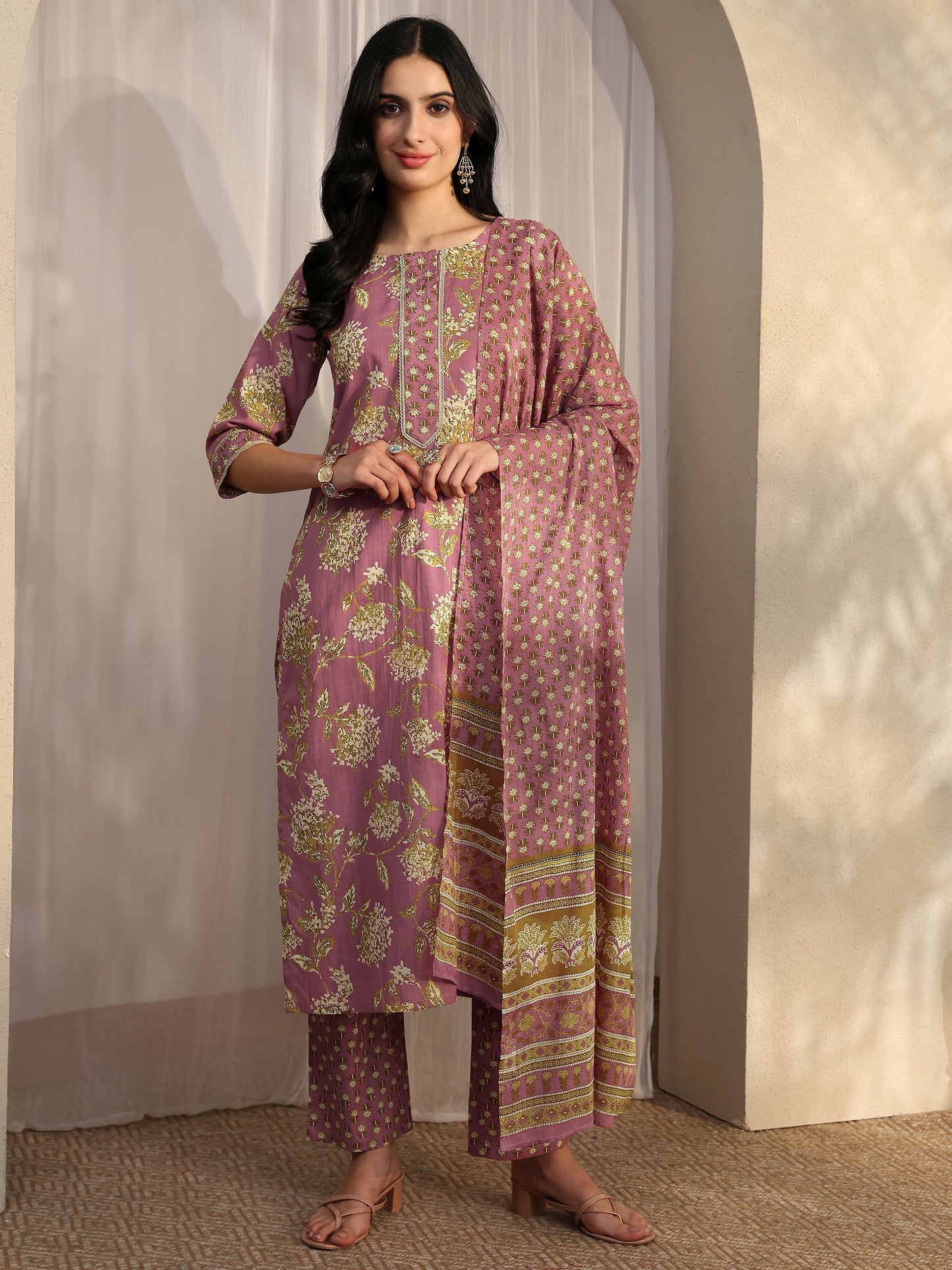 Libas Mauve Printed Cotton Straight Suit Set With Dupatta