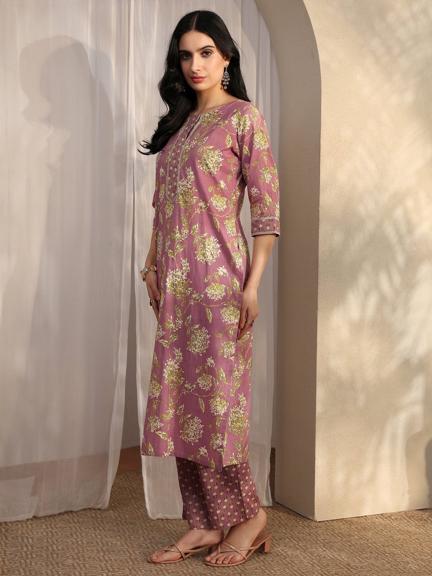 Libas Mauve Printed Cotton Straight Suit Set With Dupatta
