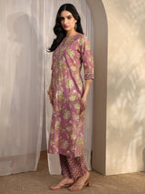 Libas Mauve Printed Cotton Straight Suit Set With Dupatta