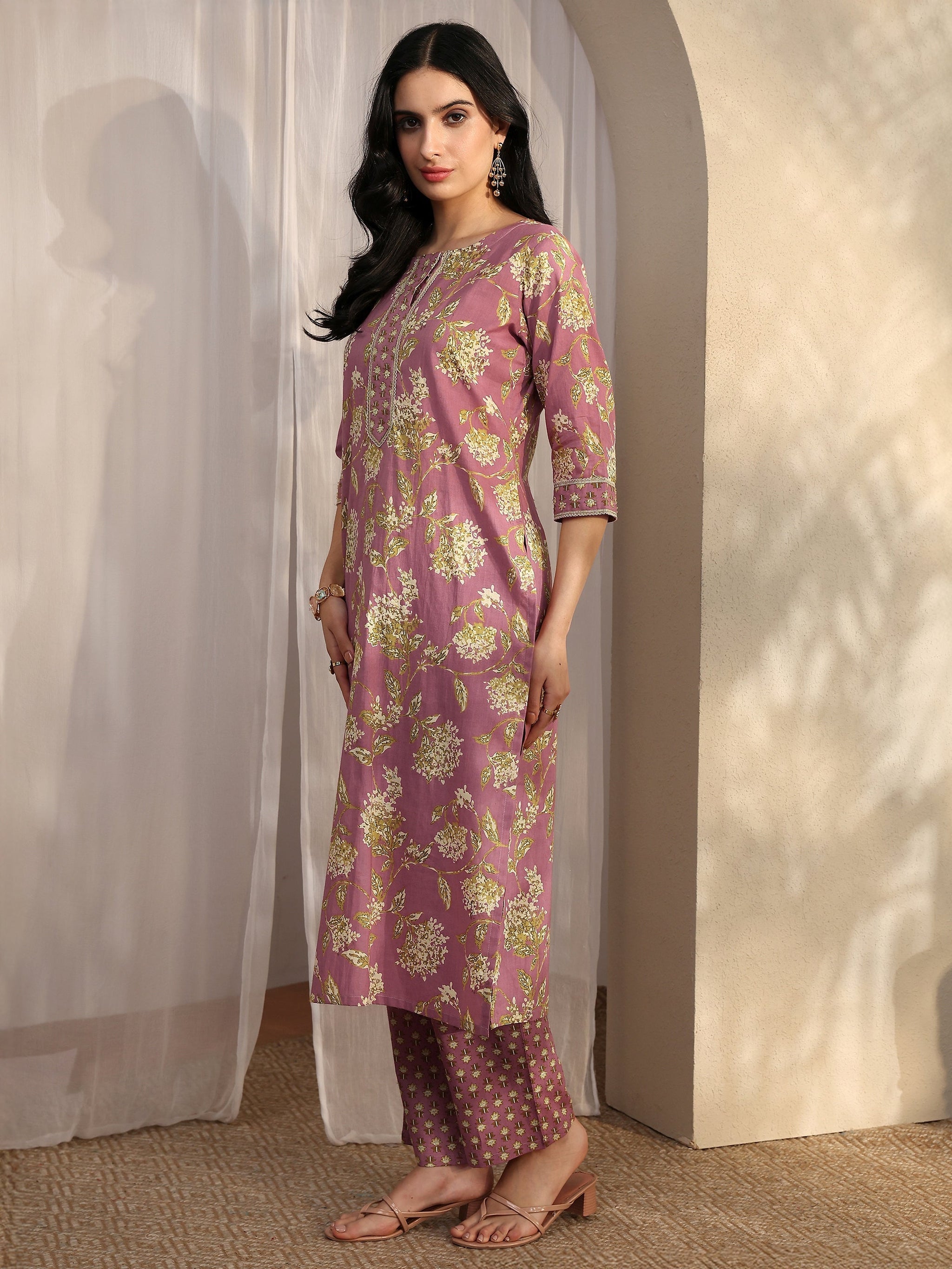Libas Mauve Printed Cotton Straight Suit Set With Dupatta