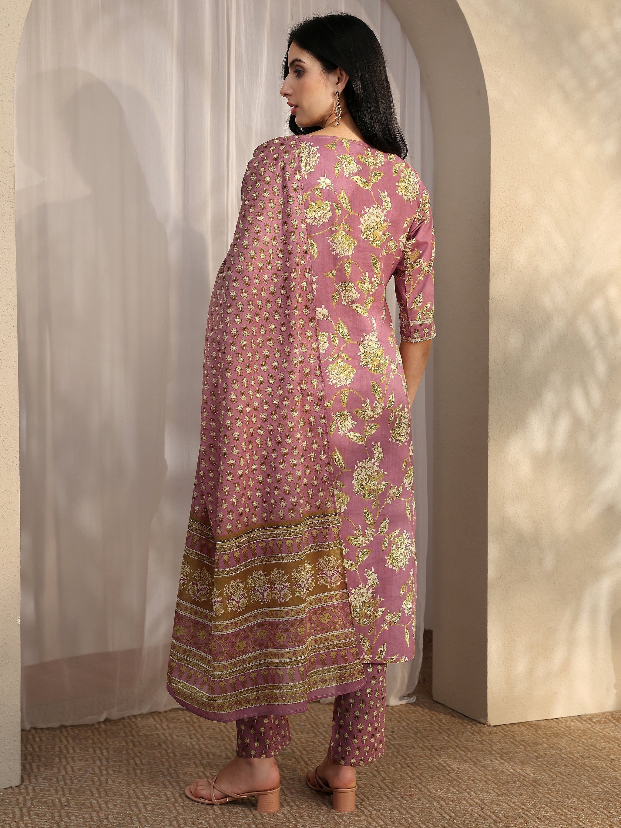 Libas Mauve Printed Cotton Straight Suit Set With Dupatta