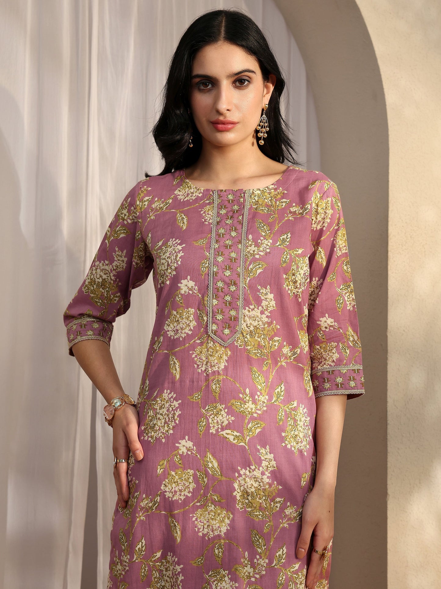 Libas Mauve Printed Cotton Straight Suit Set With Dupatta