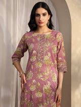 Libas Mauve Printed Cotton Straight Suit Set With Dupatta