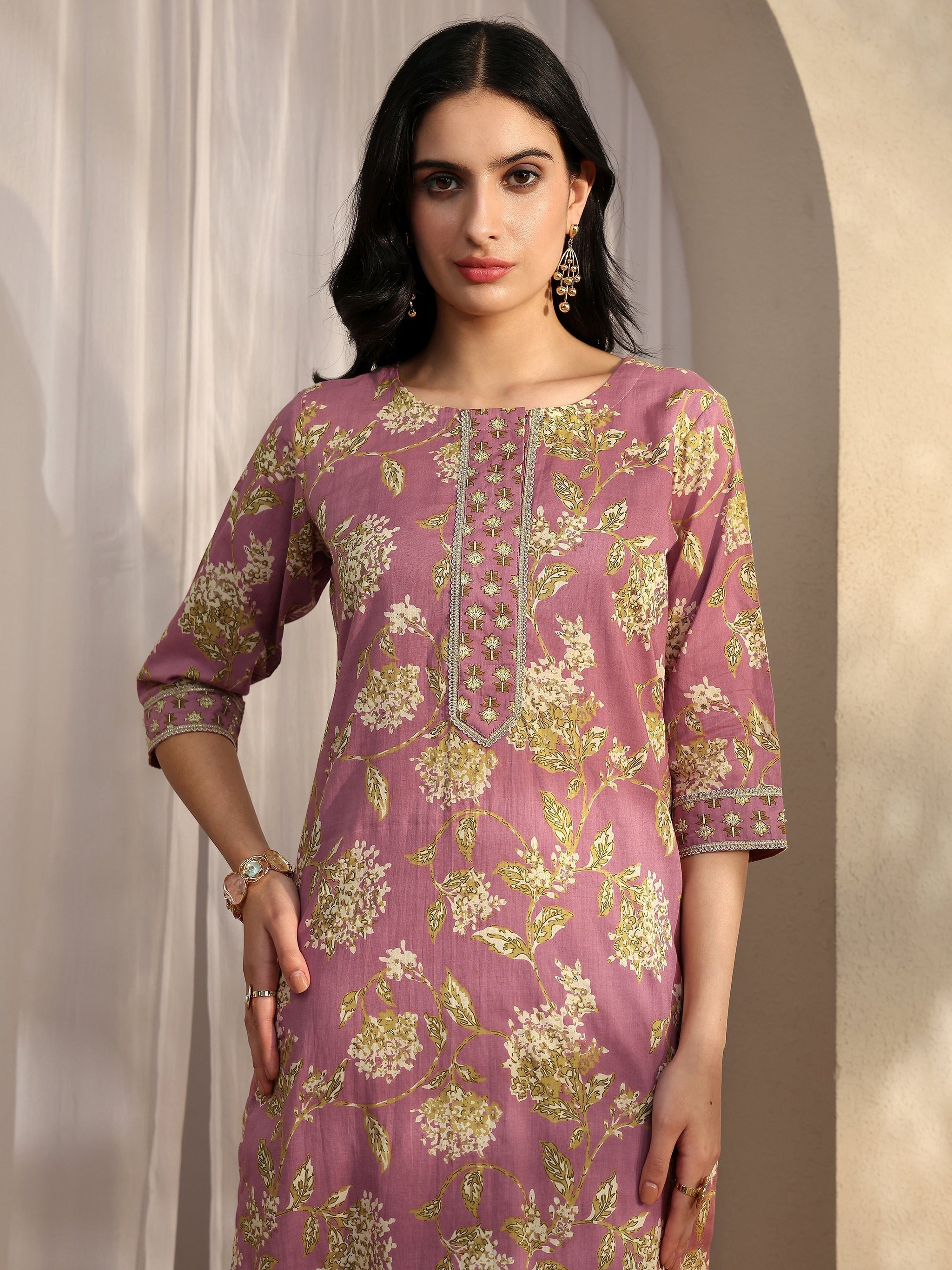 Libas Mauve Printed Cotton Straight Suit Set With Dupatta