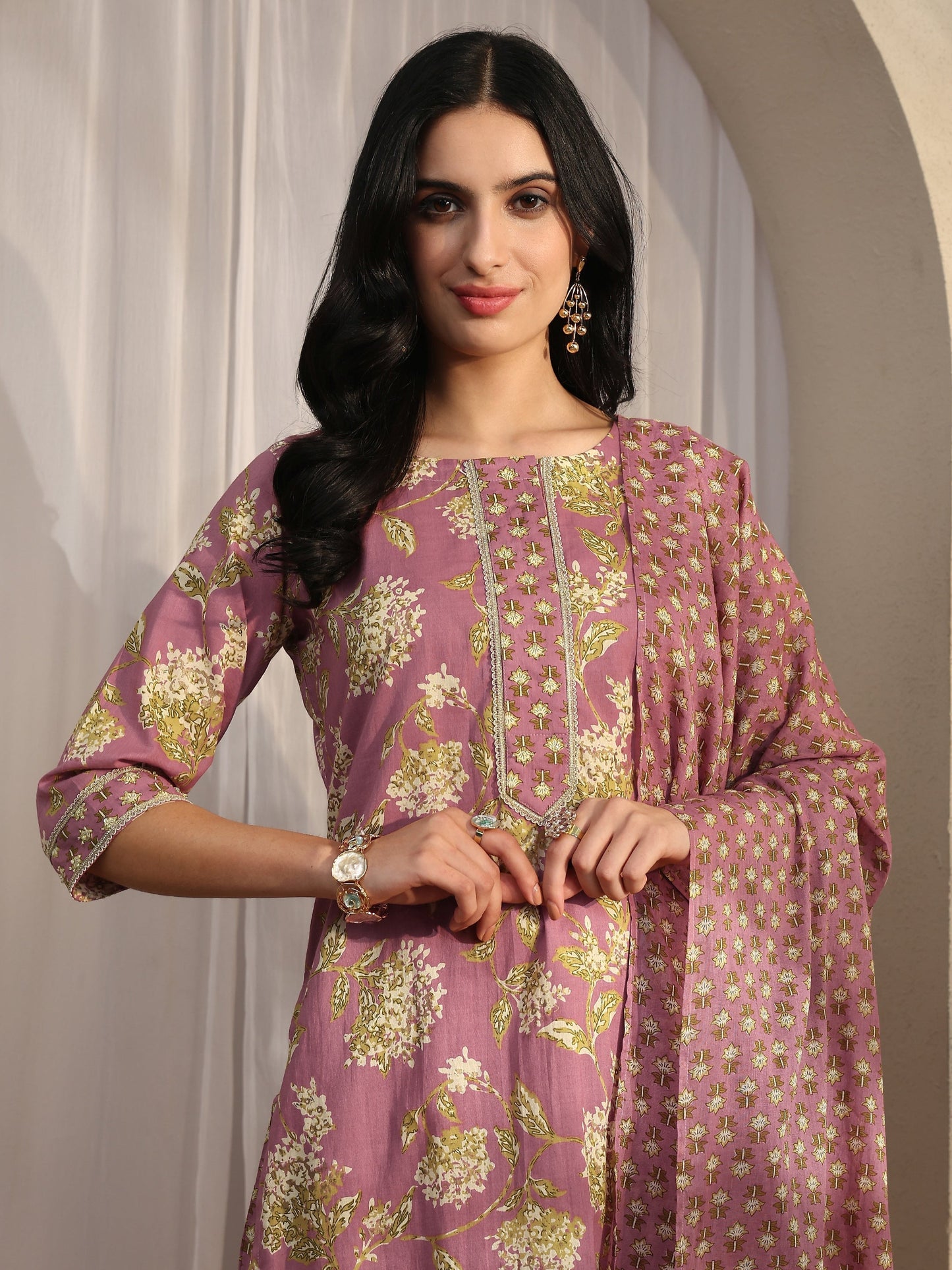 Libas Mauve Printed Cotton Straight Suit Set With Dupatta