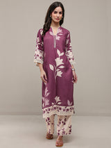 Libas Mauve Floral Printed Cotton Blend Straight Kurta Set