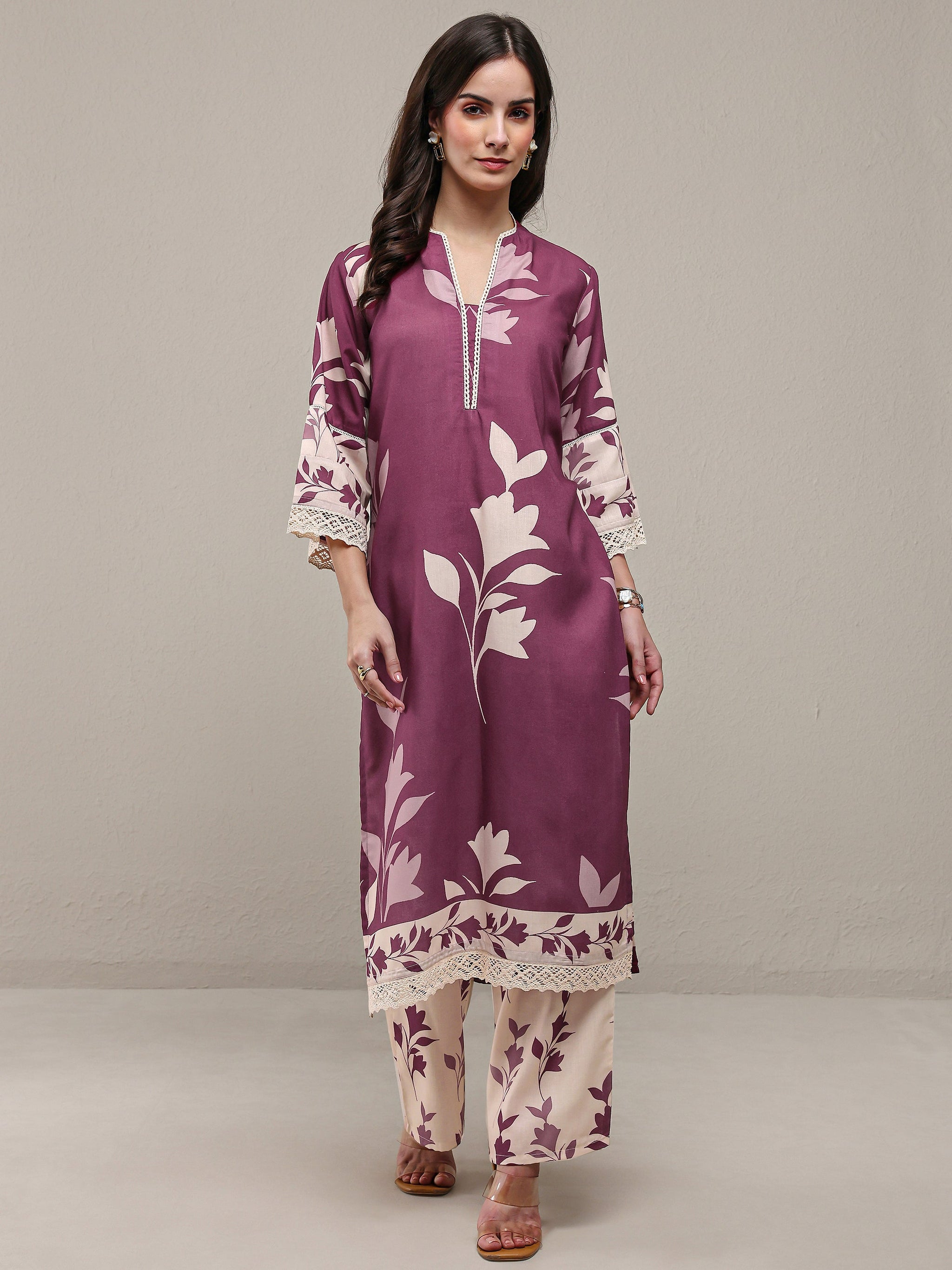 Libas Mauve Floral Printed Cotton Blend Straight Kurta Set