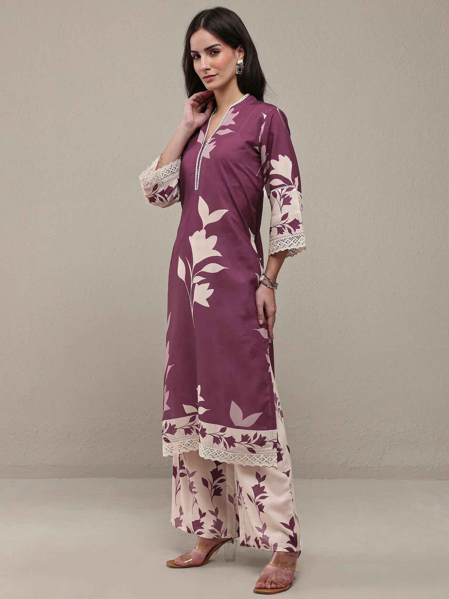 Libas Mauve Floral Printed Cotton Blend Straight Kurta Set