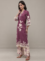 Libas Mauve Floral Printed Cotton Blend Straight Kurta Set