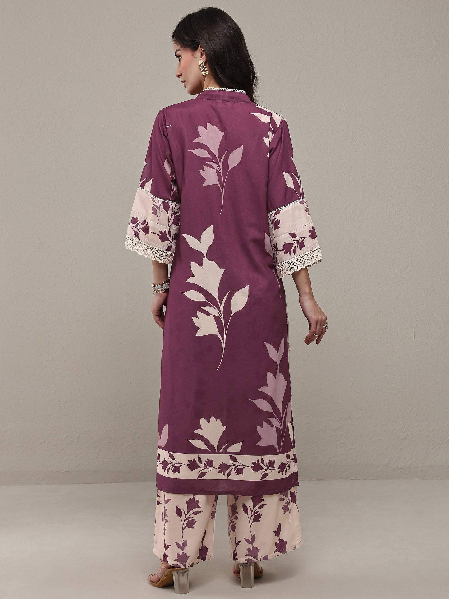 Libas Mauve Floral Printed Cotton Blend Straight Kurta Set